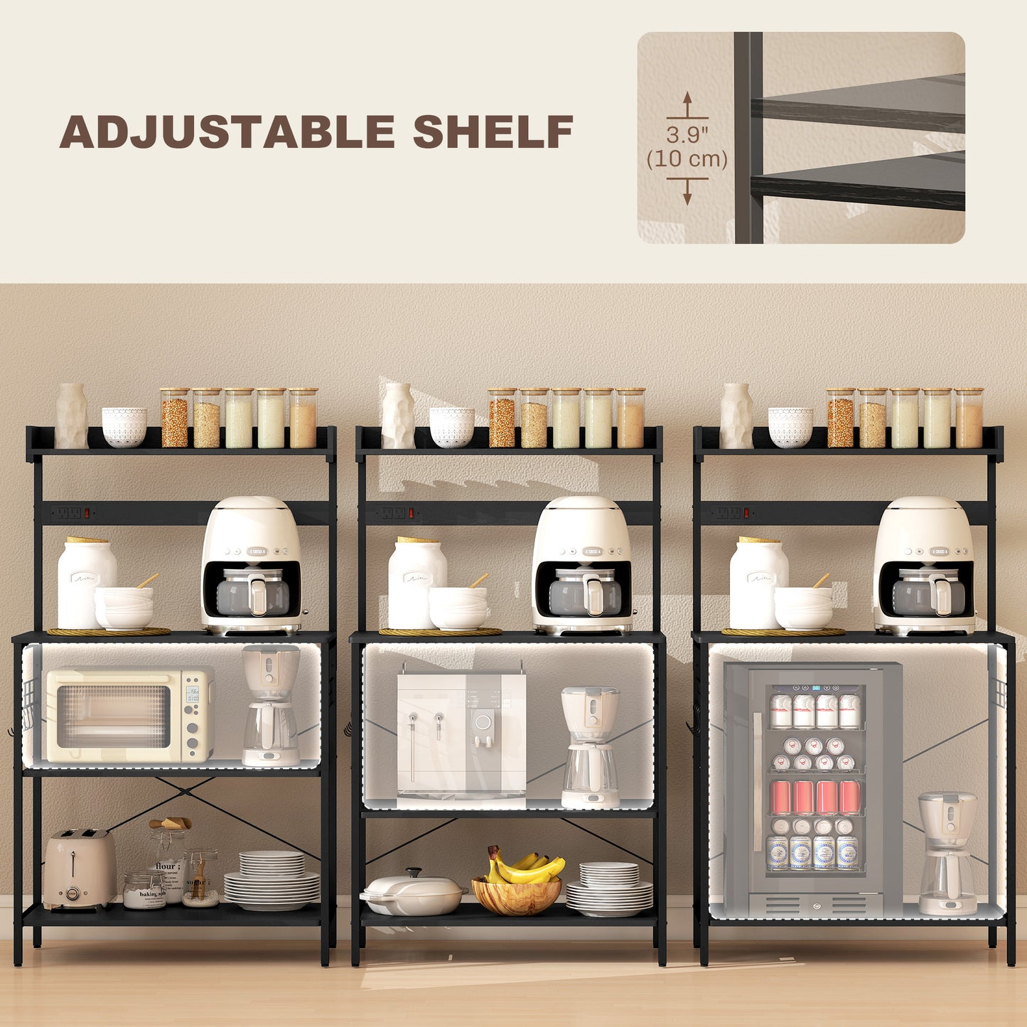 Kitchen Baker's Rack with Power Outlet, Coffee Bar Station with Adjustable Shelves and Hooks, Distressed Black