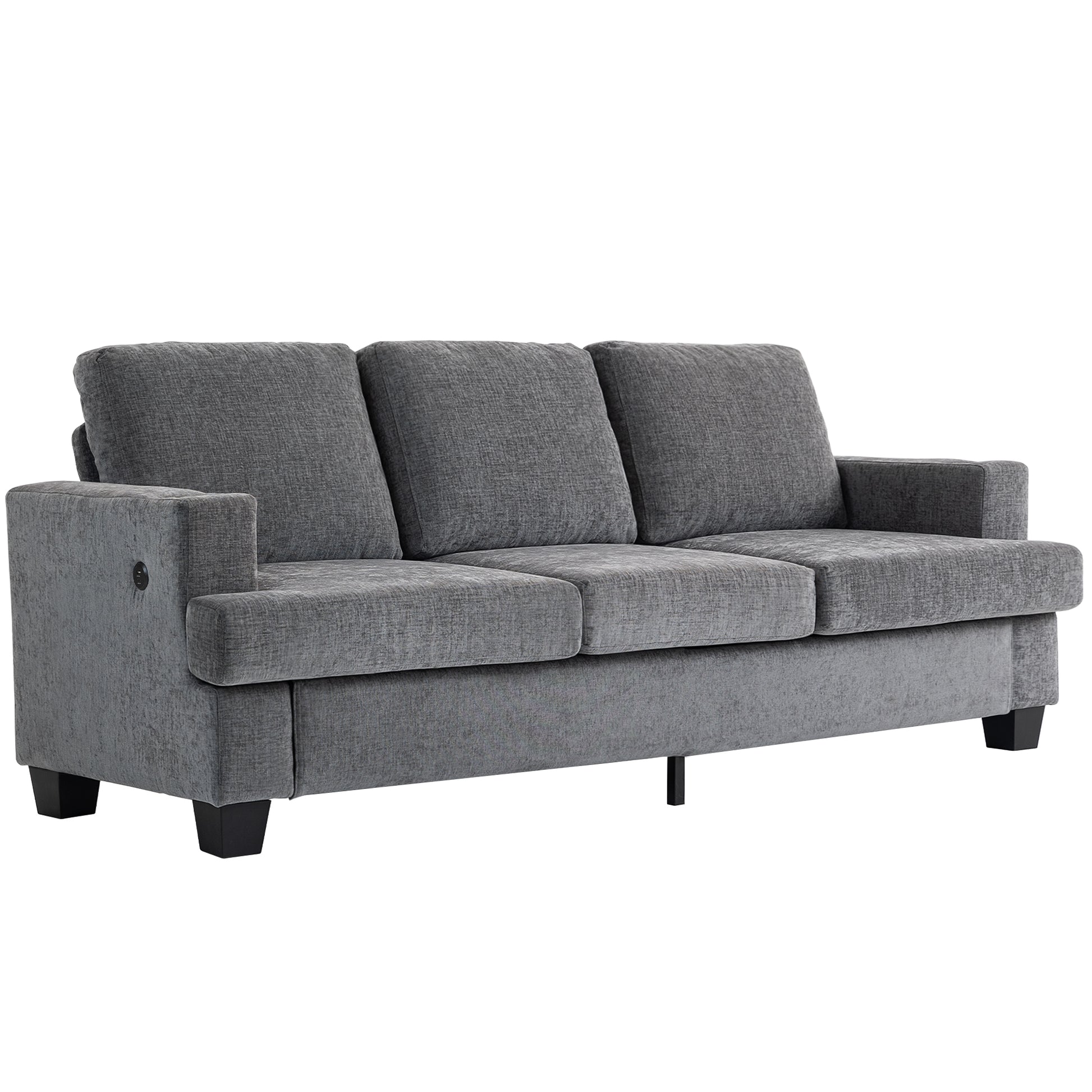 3 Seater Sofa with USB Ports & Cup Holders, Chenille-Feel Upholstered Couch for Living Room, Grey