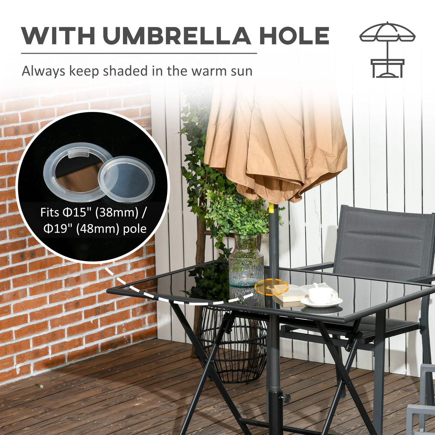 Foldable Outdoor Dining Table with Umbrella Hole, Patio Table for 6 with Glass Top Table, Metal Frame for Garden Lawn Ba