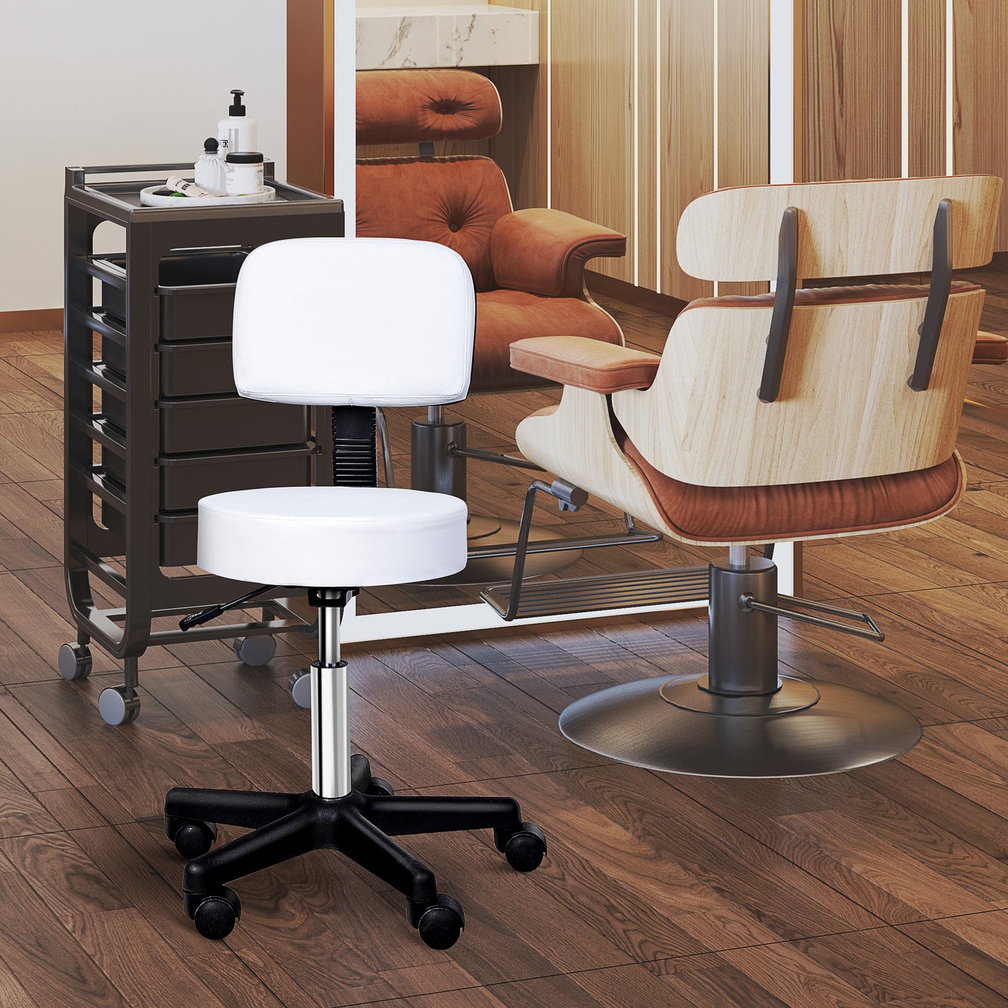 Rolling Stool with Wheels, Swivel Stool with Back Support, Adjustable Height, PU Leather Drafting Chair for Home Office,