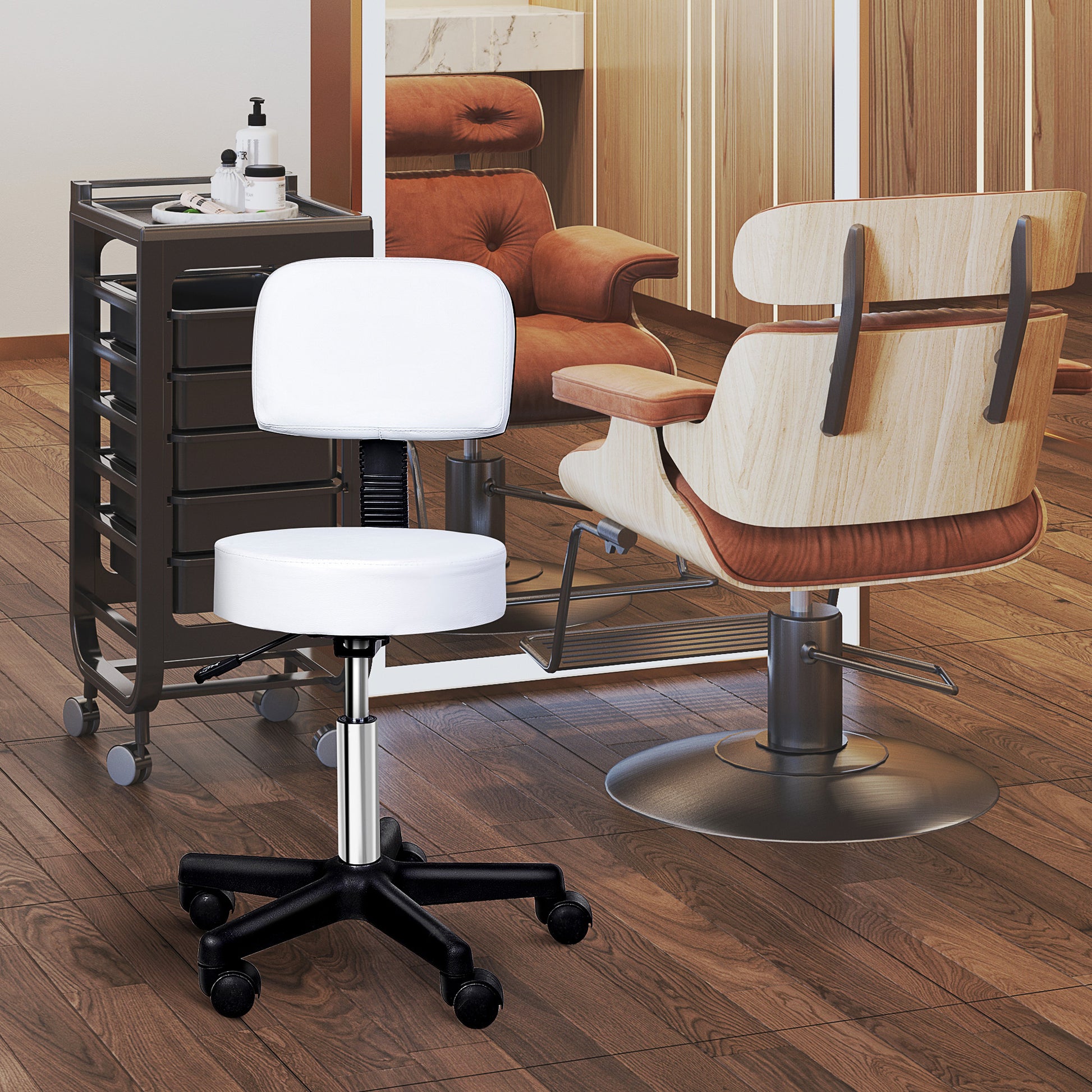 Rolling Stool with Wheels, Swivel Stool with Back Support, Adjustable Height, PU Leather Drafting Chair for Home Office,