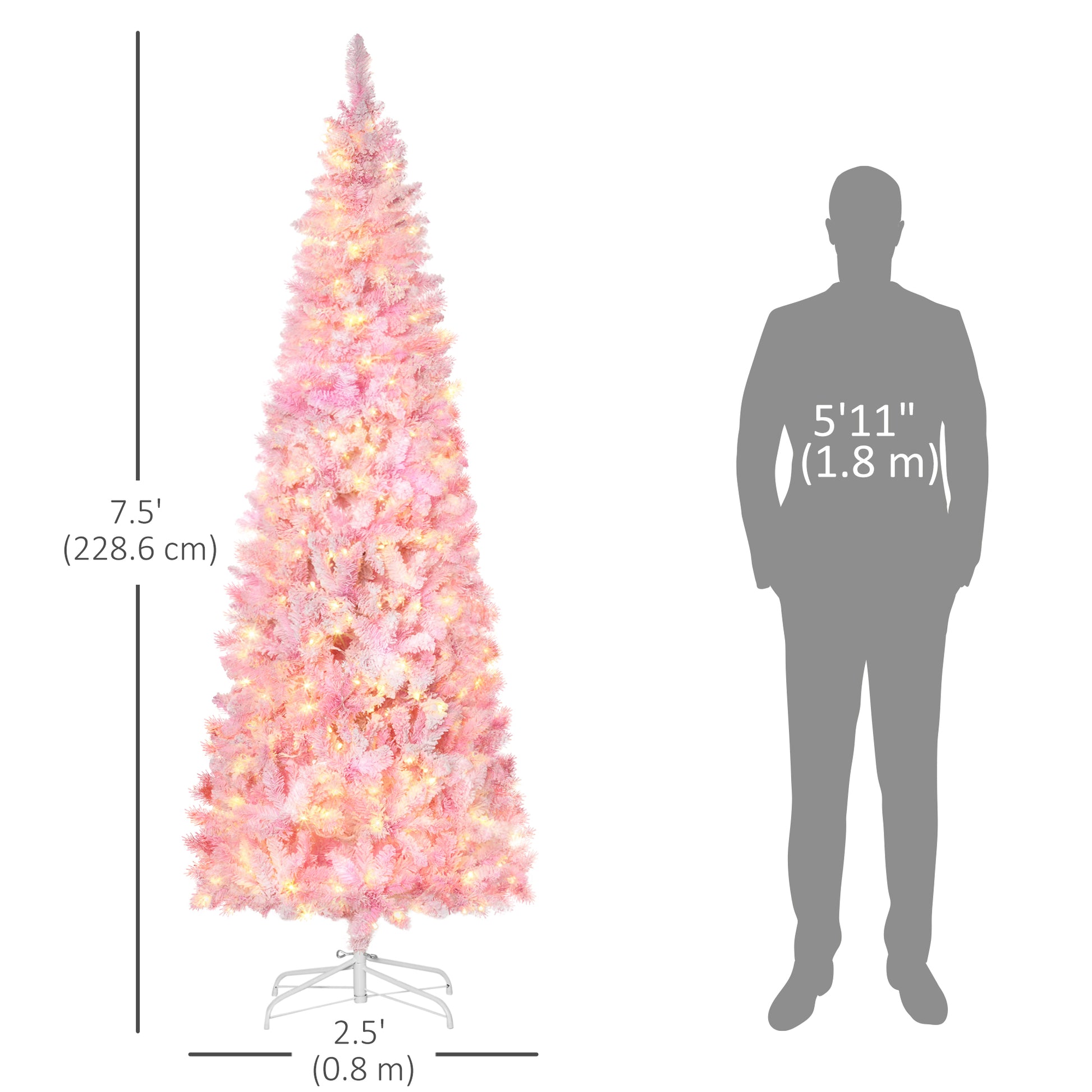 7.5 Foot Prelit Snow Flocked Artificial Christmas Tree with Pencil Shape, 700 Pine Realistic Branches, Warm White LED li