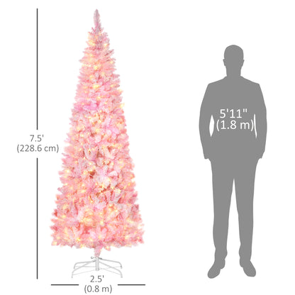 7.5 Foot Prelit Snow Flocked Artificial Christmas Tree with Pencil Shape, 700 Pine Realistic Branches, Warm White LED li