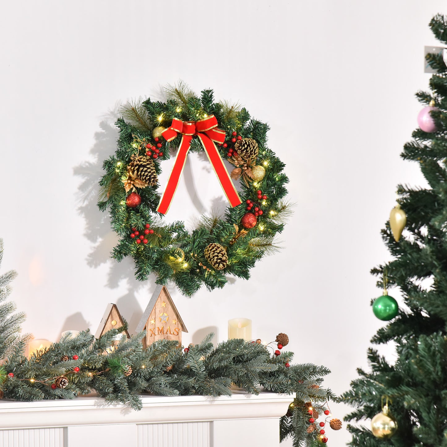 Christmas Wreath 24" Pre-Lit Artificial Greenery Xmas Spruce Wreath Cones Red Berries 20 LED Lights Battery Operated