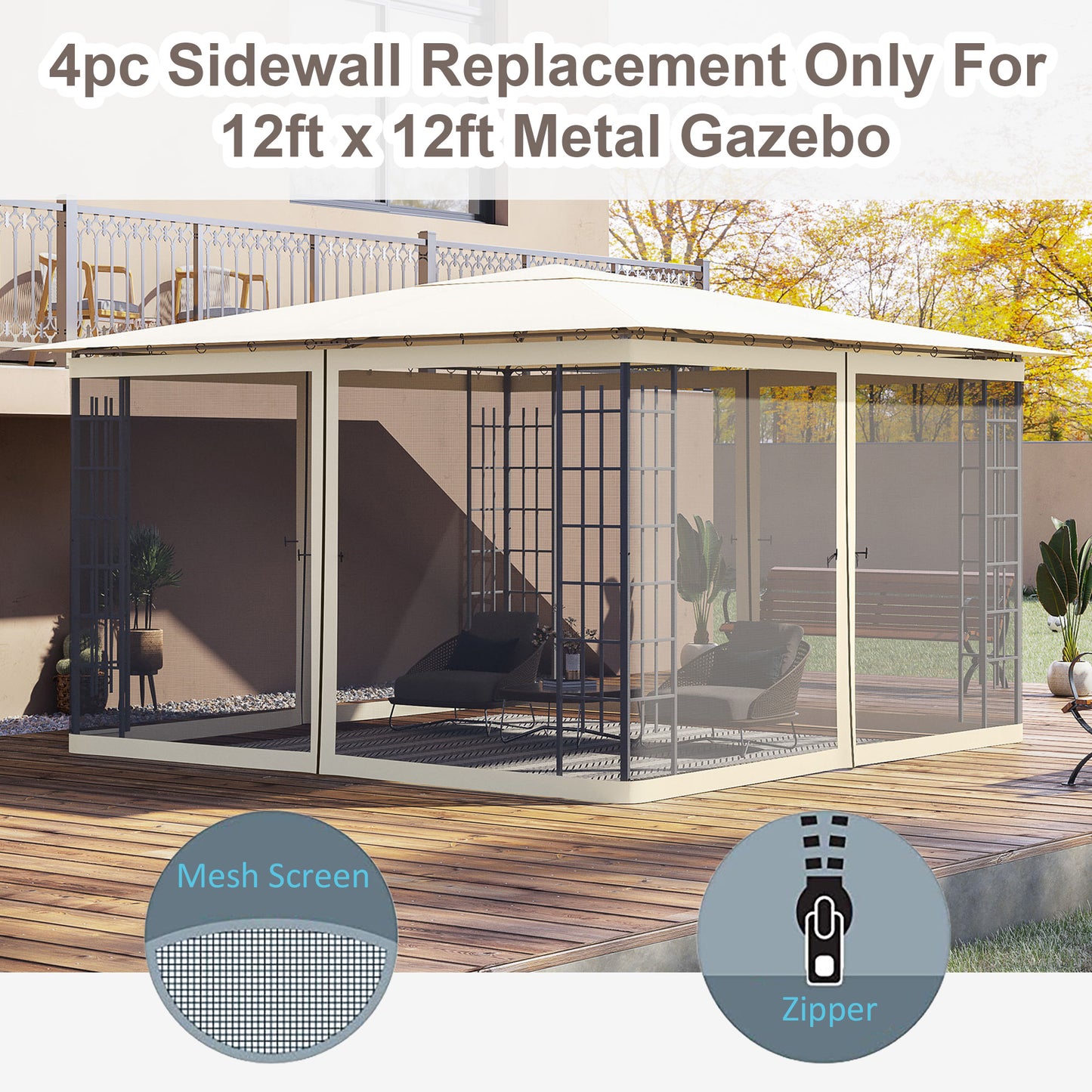 Replacement Mosquito Netting for Gazebo 12' x 12' Black Screen Walls for Canopy with Zippers for Parties and Outdoor Act