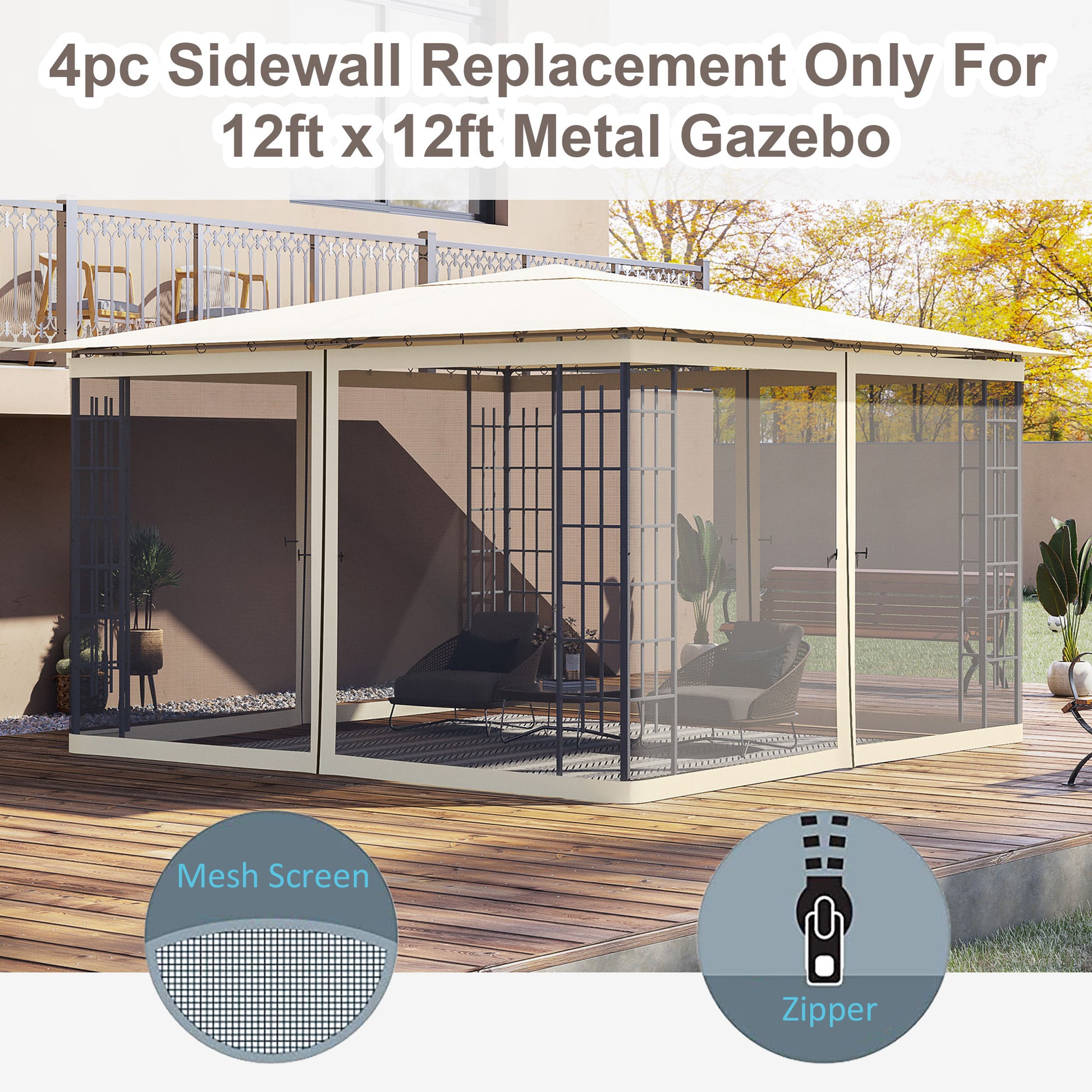 Replacement Mosquito Netting for Gazebo 12' x 12' Black Screen Walls for Canopy with Zippers for Parties and Outdoor Act