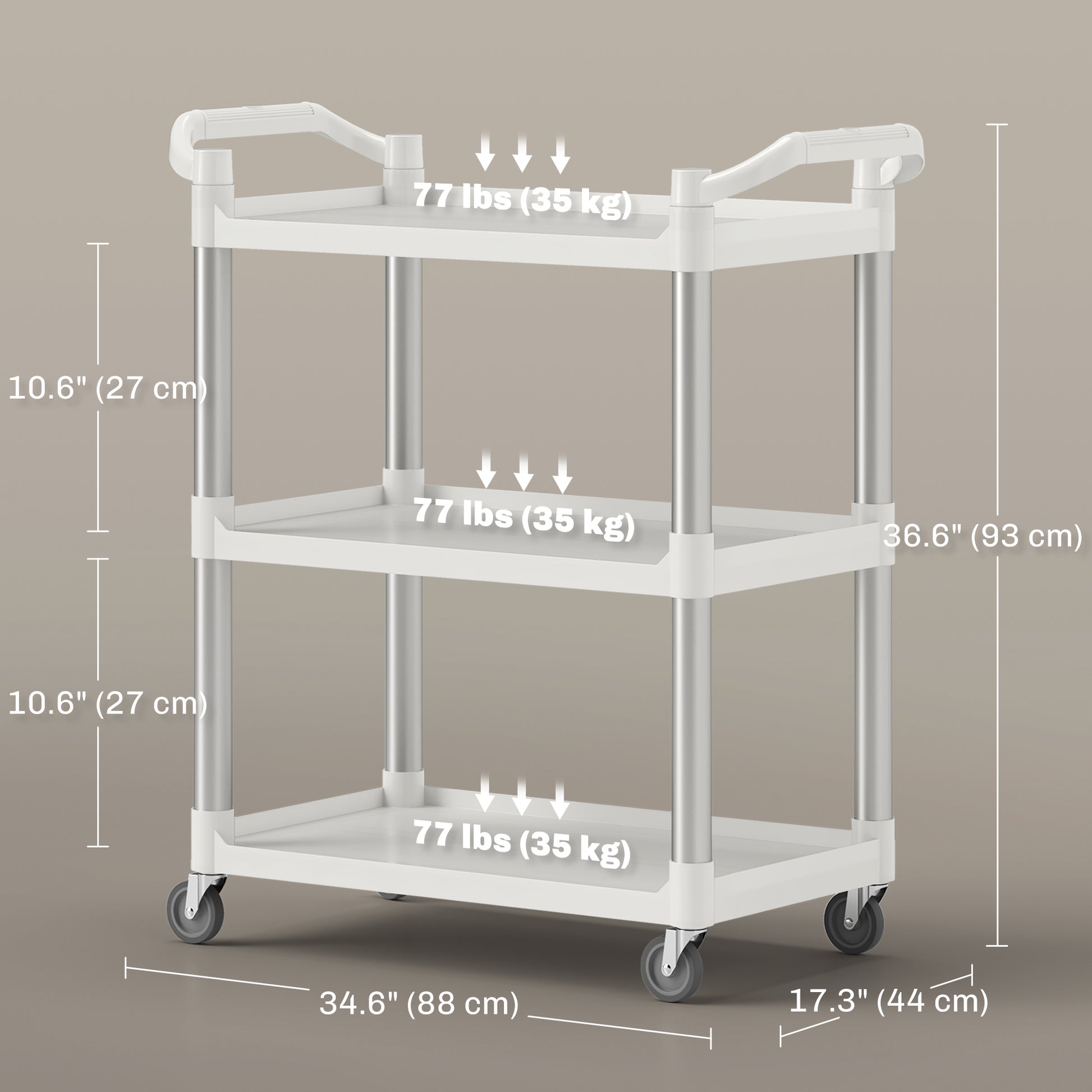 3-Tier Utility Cart Rolling Storage Trolley with 3 Shelves, Silver and White