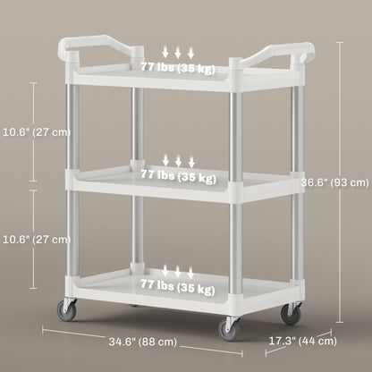 3-Tier Utility Cart Rolling Storage Trolley with 3 Shelves, Silver and White