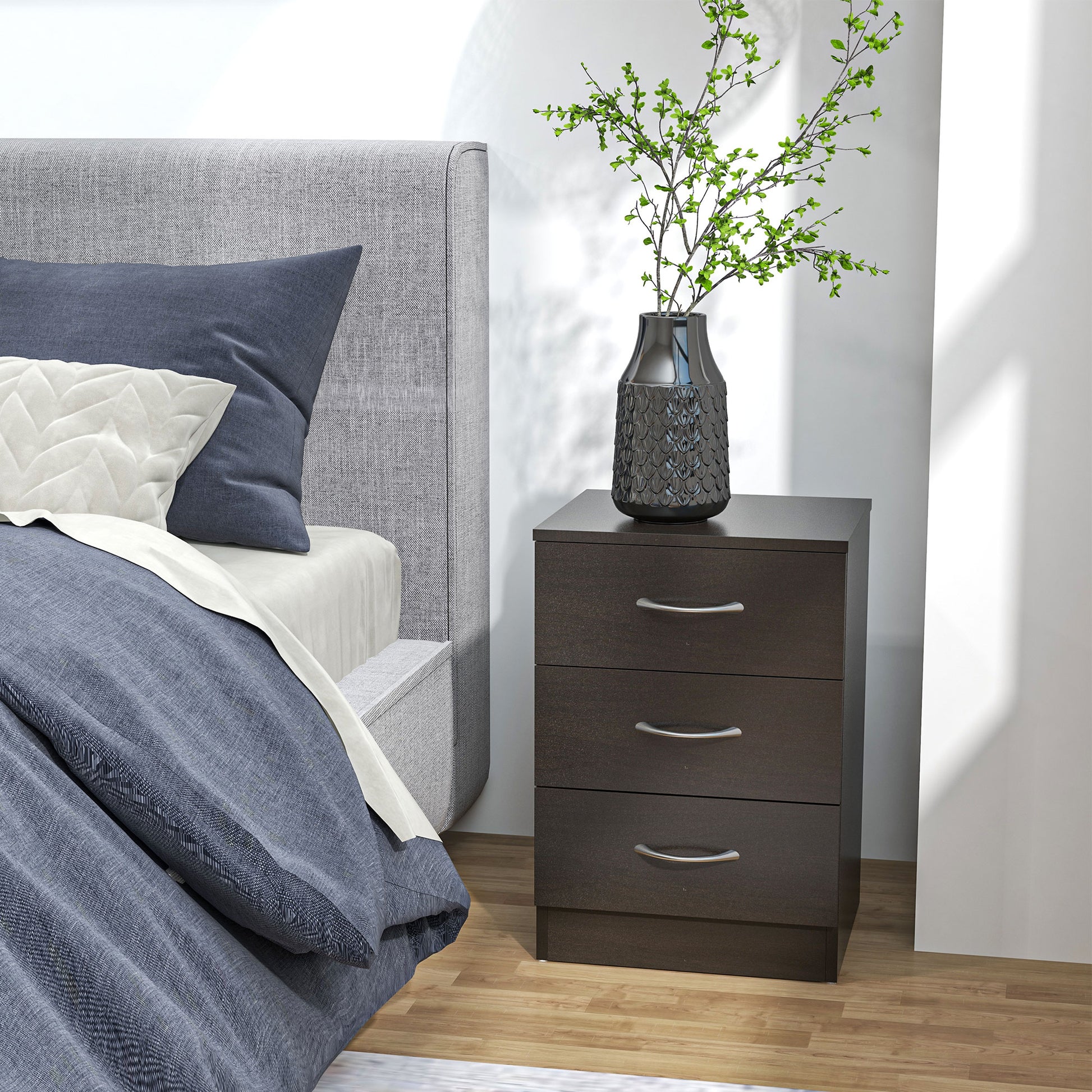 Bedside Table with 3 Drawers, Modern Wood Nightstand, Side Table with Anti-tipping Design for Bedroom, Set of 2, Dark Br