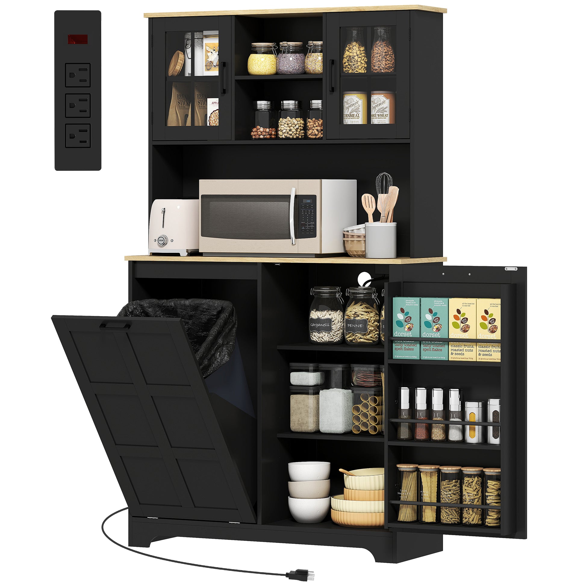 Kitchen Pantry Cabinet with Charging Station, 7 Gallon Trash Can Cabinet, Adjustable Shelves and Acrylic Doors, Black