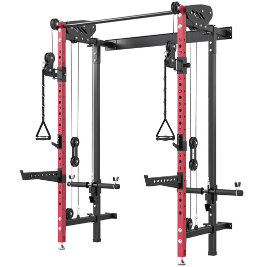 Soozier Foldable Power Cage, Space-Saving Power Rack with Pull-Up Bar, Cable Pulley System, 1540 lbs Capacity