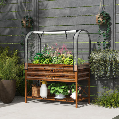 Raised Garden Bed with Cover, Metal Elevated Planter Box with Bottom Shelf and Liner, Dark Brown Wood Effect