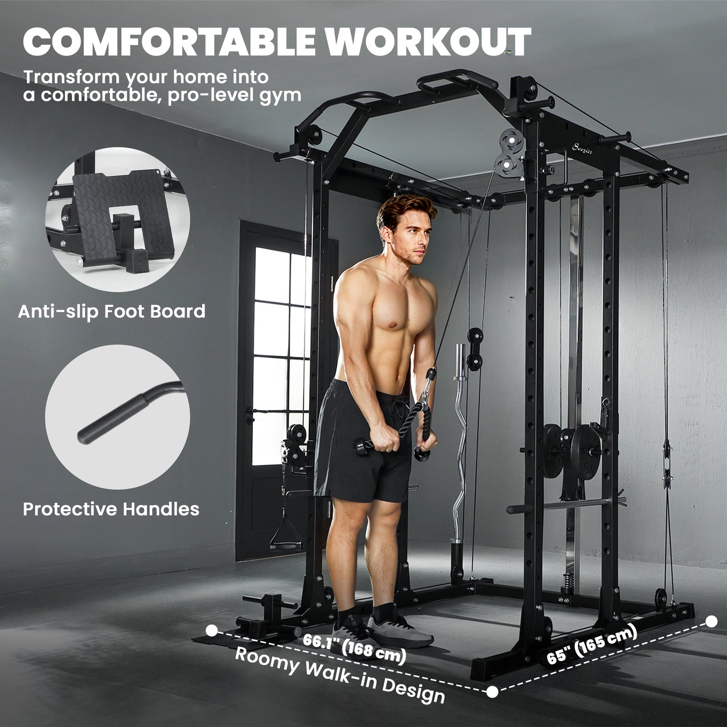 Soozier Multi-Functional Power Rack, Smith Machine Cable Crossover System with Pull Up Bar, Lat-Pull Down System, Landmi
