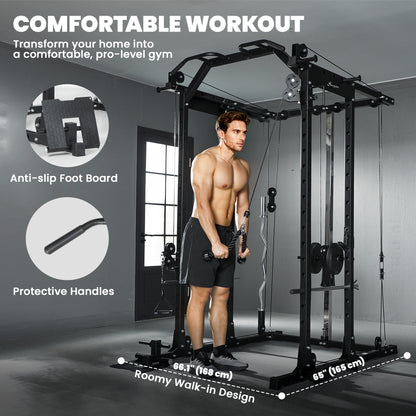 Soozier Multi-Functional Power Rack, Smith Machine Cable Crossover System with Pull Up Bar, Lat-Pull Down System, Landmi