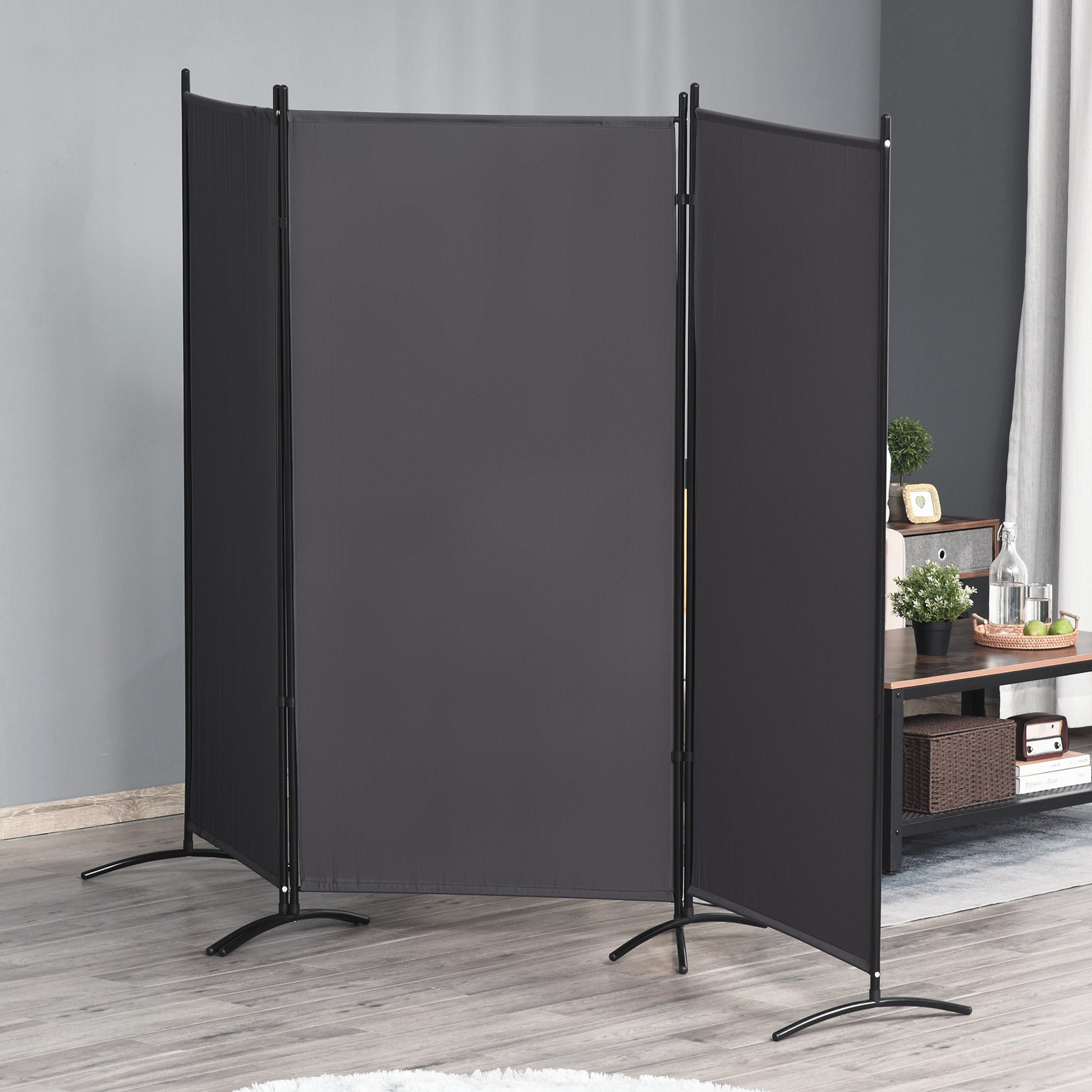 6' 3 Panel Room Divider, Double Hinged Folding Wall Divider, Indoor Privacy Screen for Home Office,  Charcoal Grey