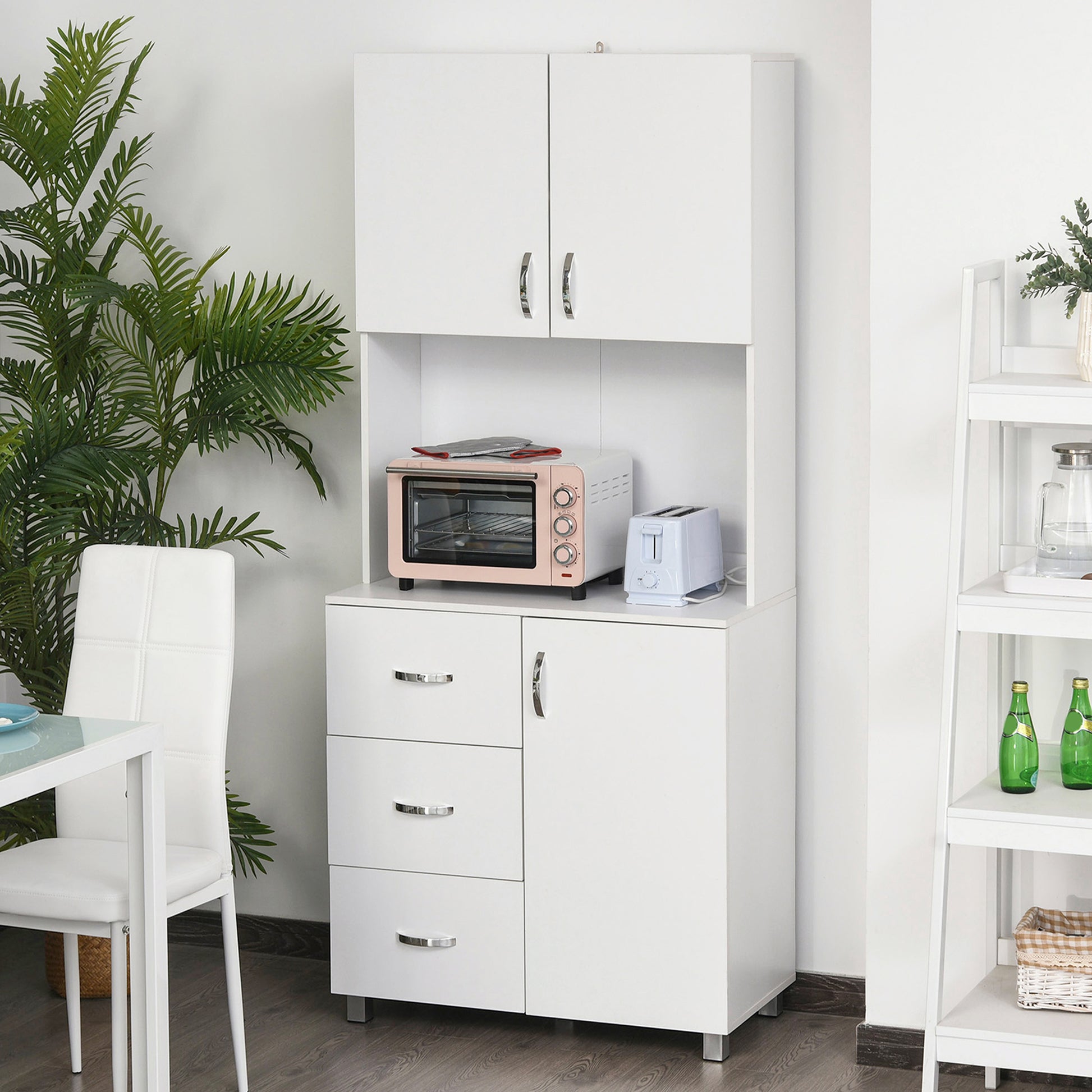 Freestanding Kitchen Buffet with Hutch Storage Organizer with 2 Door Cabinets, 3 Drawers and Open Countertop, Adjustable