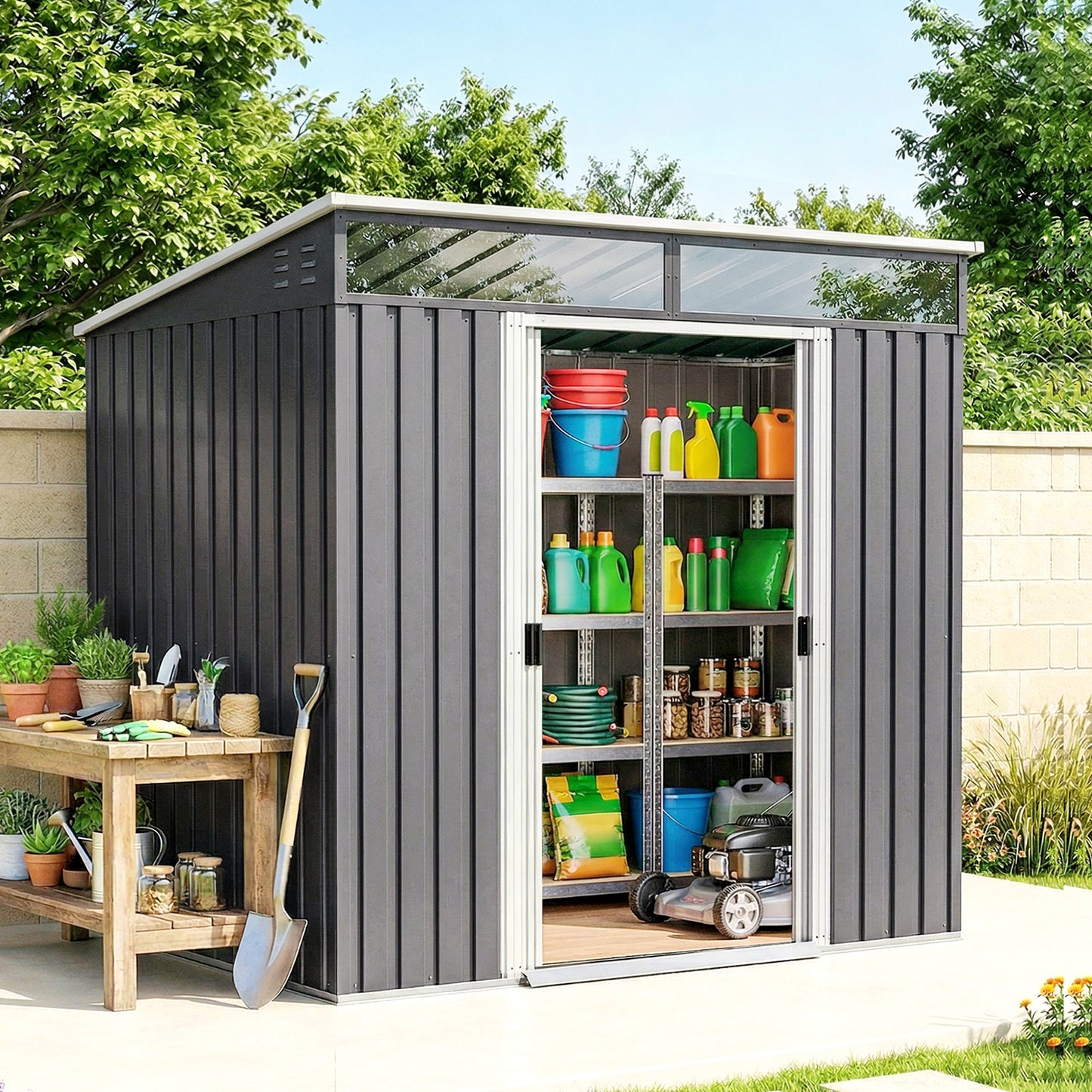 6.5x4FT Galvanised Metal Shed with Foundation Kit, Lockable Garden Tool Storage House with Sliding Doors, Vents, Grey