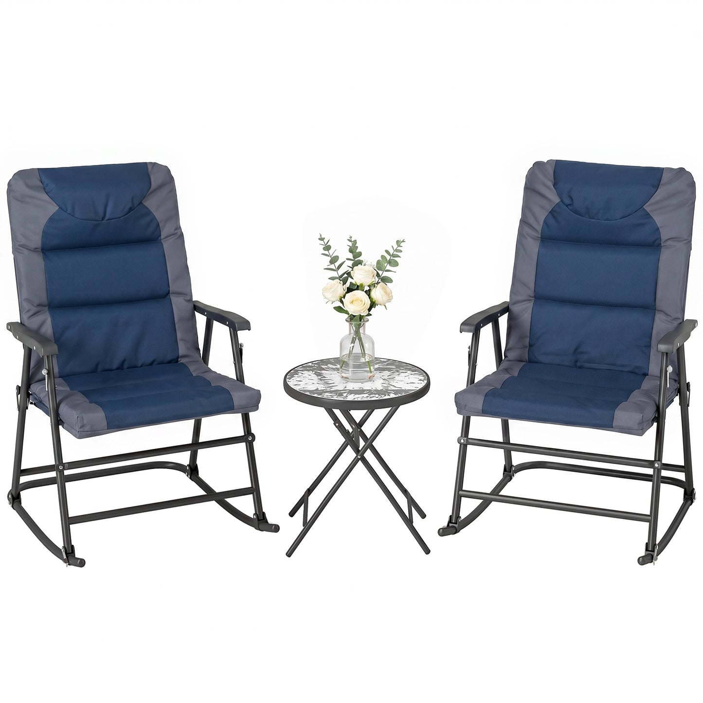 3pc Patio Foldable Rocking Chair Set, Outdoor Rocking Chairs and Table Bistro Set w/ Padded Seat, Headrest, Backrest for