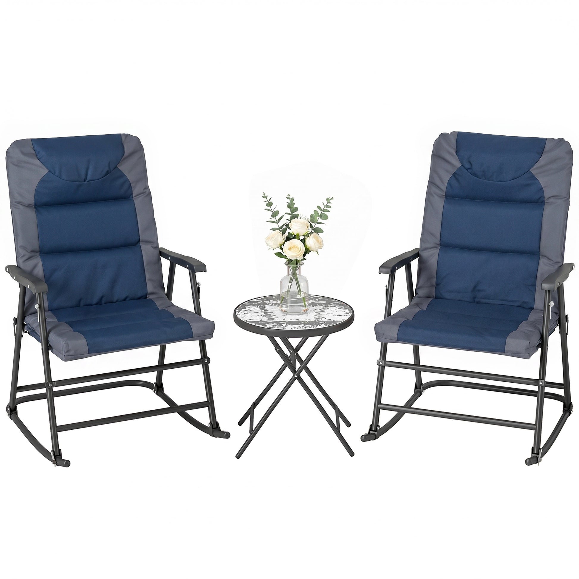 3pc Patio Foldable Rocking Chair Set, Outdoor Rocking Chairs and Table Bistro Set w/ Padded Seat, Headrest, Backrest for