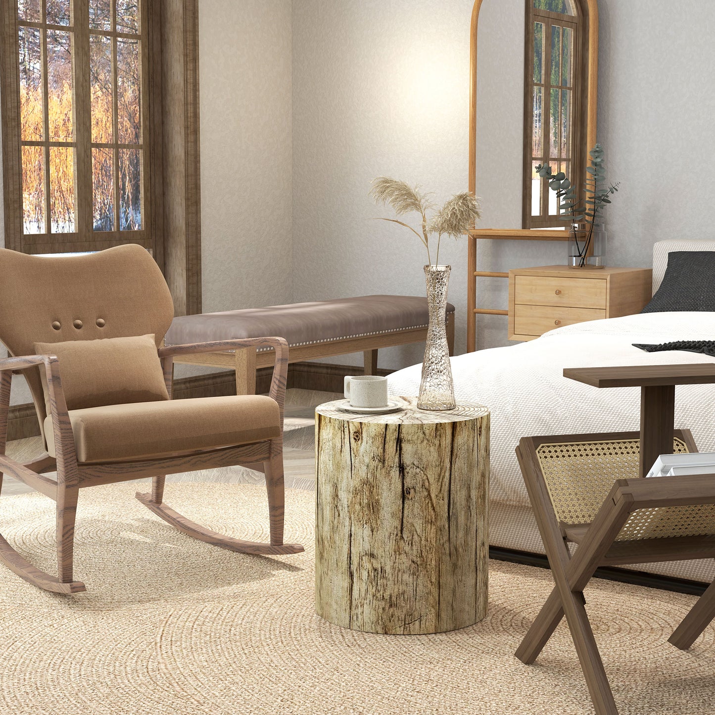 17" Tall Tree Stump End Table, Concrete Sofa Side Table for Indoor and Outdoor Use, Garden Stool, Natural