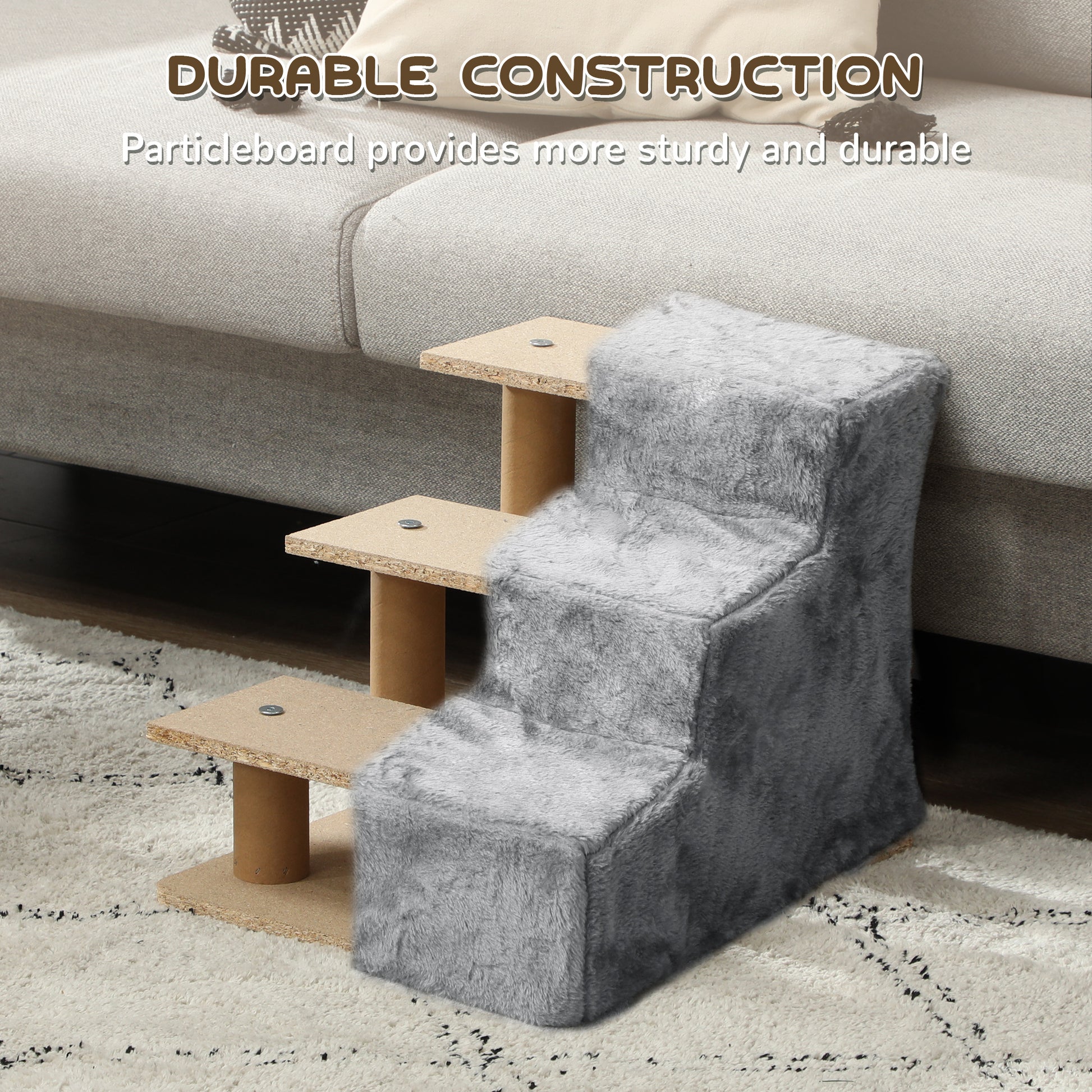 3-Step Dog Ramp for Sofa, Bed, and Couch, with Removable Cover, Light Grey