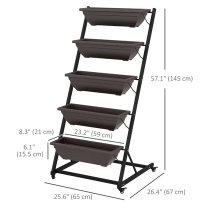5-Tier Vertical Raised Garden Planter with 5 Boxes, Wheels, Outdoor Plant Stand for Vegetable Flowers, Brown