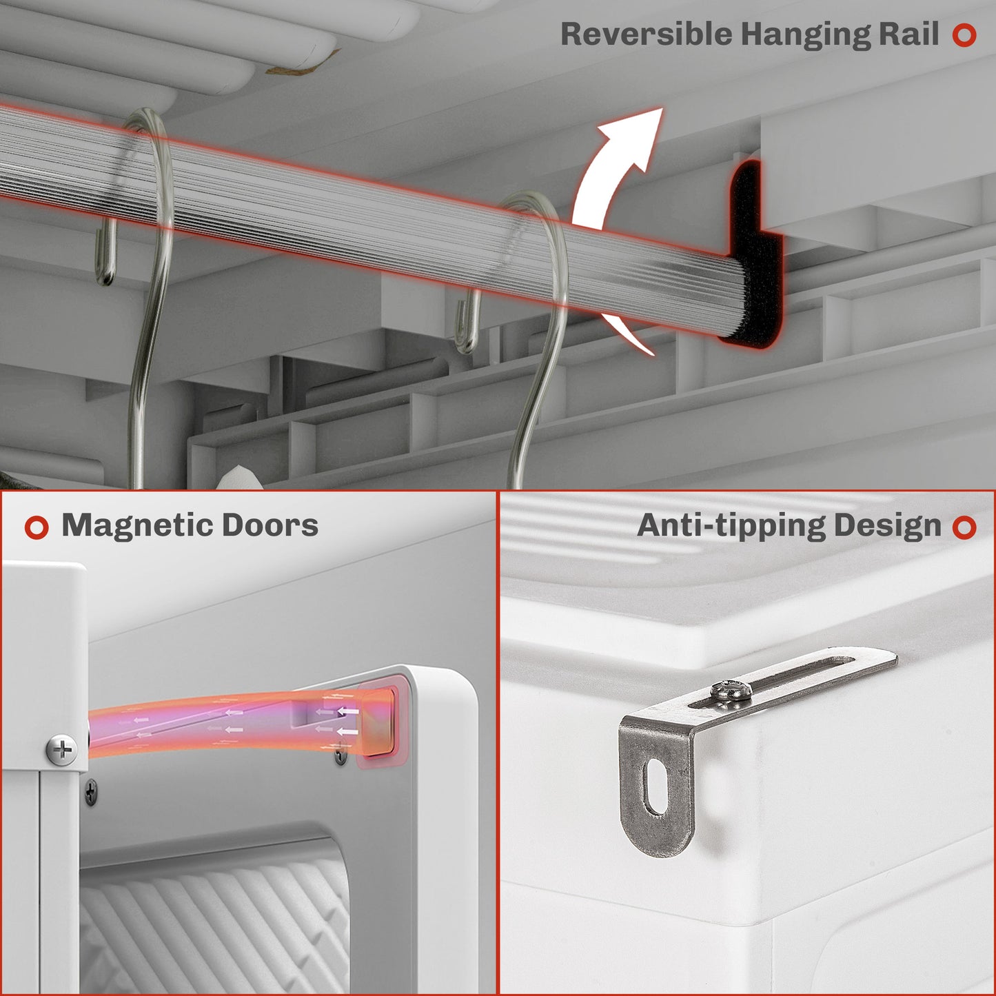 Portable Wardrobe, Foldable Storage Organzier with 5 Compartments, 1 Hanging Rod, Magnet Doors, White