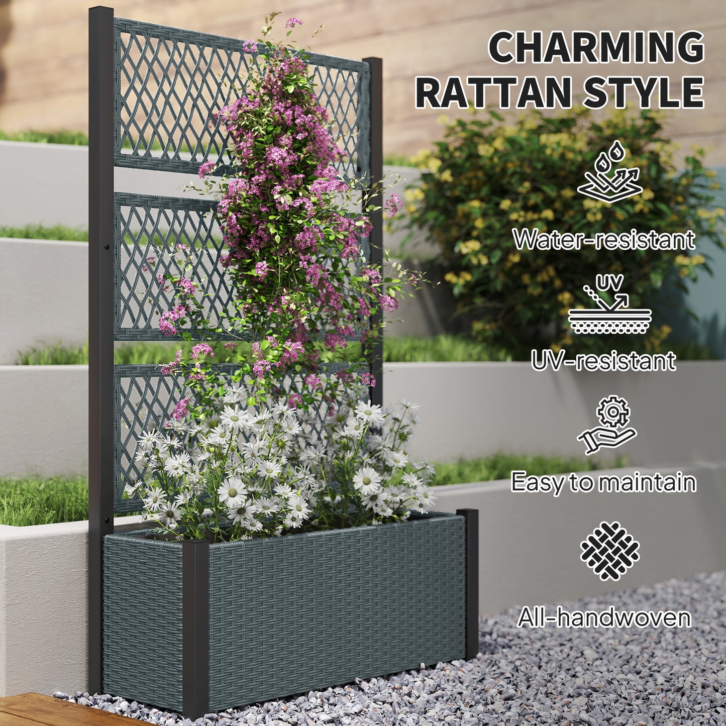 Wicker Outdoor Planter with Trellis, 58" Standing Garden Bed with Liner, Drainage Holes for Climbing Plants, Dark Grey