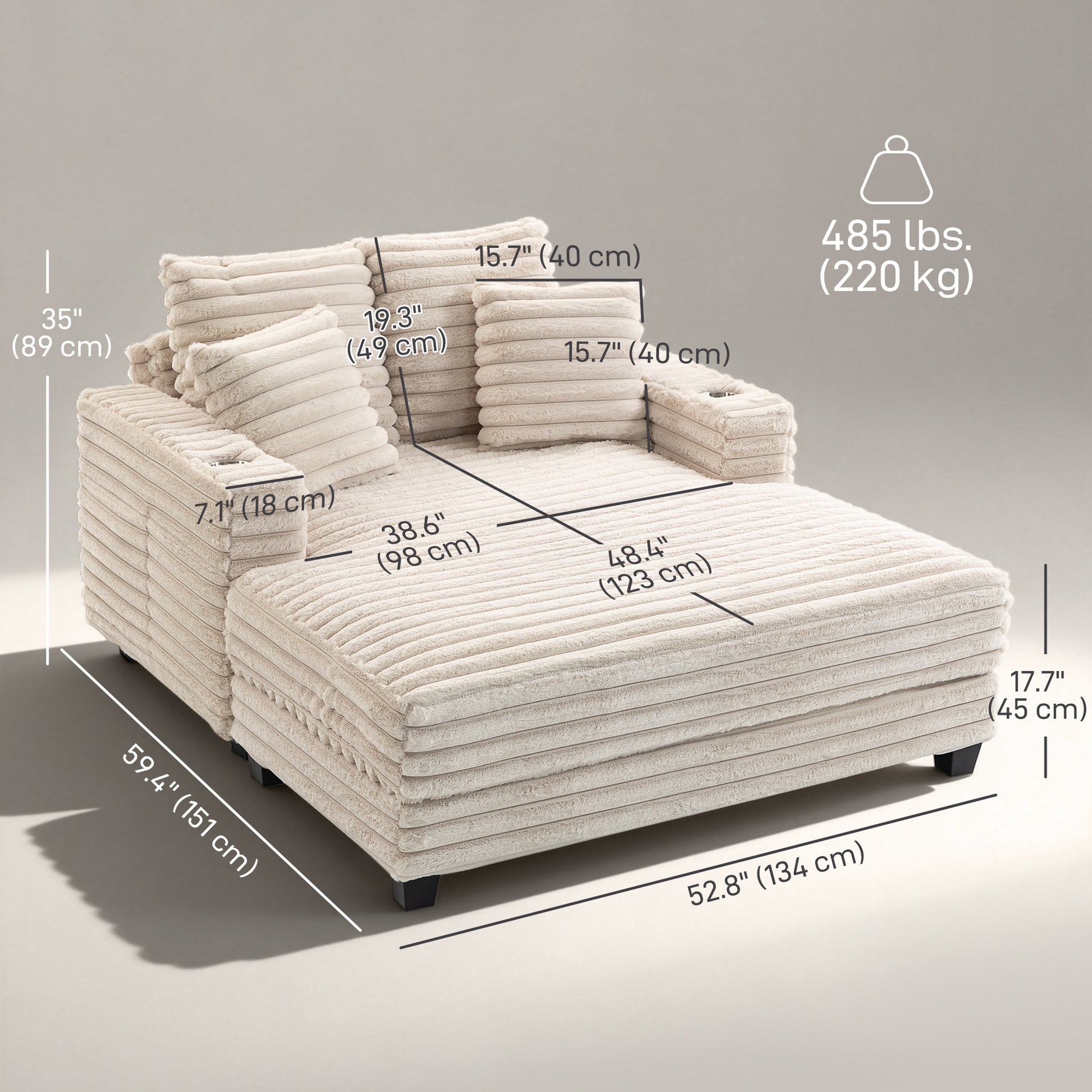 60" Chaise Lounge Chair, Oversized Upholstered Sofa Bed with Cup Holders & Pillows, Sleeper Couch for Living Room, Beige