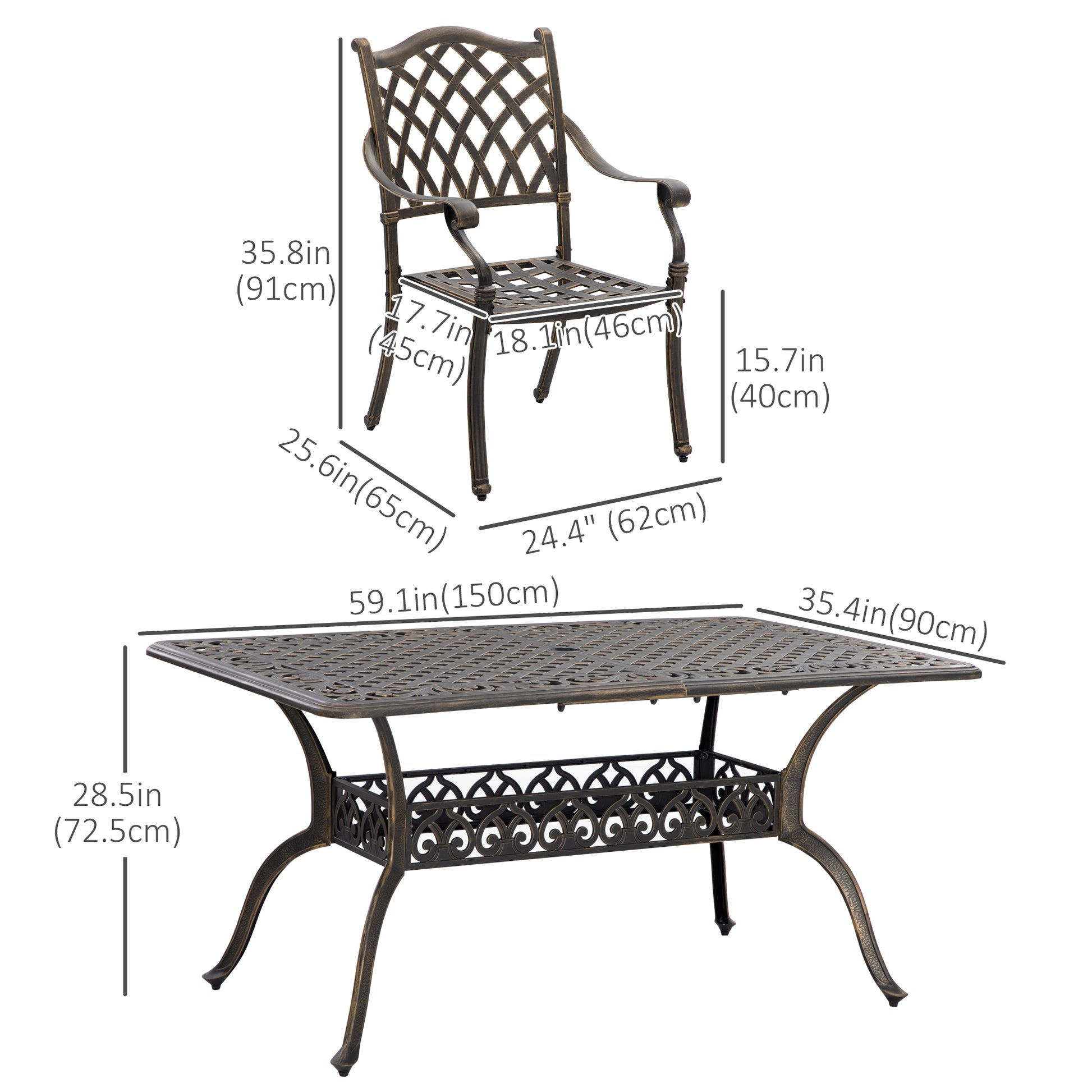 7 Pieces Patio Dining Set with Umbrella Hole, Cast Aluminum Outdoor Patio Furniture Set with 6 Cushioned Chairs and Rect