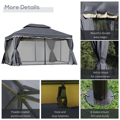 13' x 10' Patio Gazebo, Double Roof Outdoor Gazebo Canopy Shelter with Netting & Curtains, Strong Aluminum Frame, Black