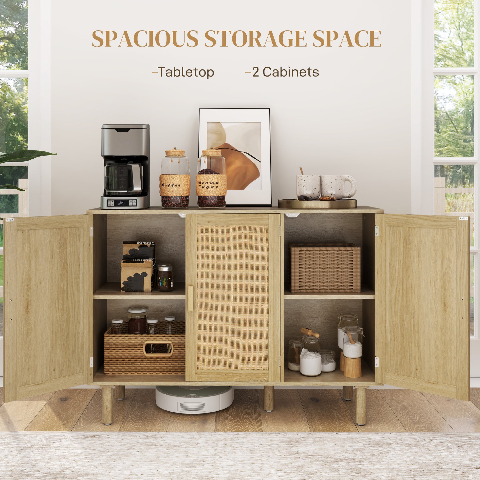 Bohemian Sideboard, 46.9" Buffet Cabinet with 3 Rattan Doors and Shelves for Living Room, Hallway, Oak