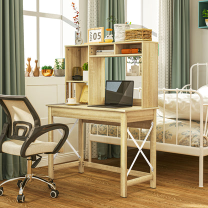 Computer Desk with Hutch, Home Office Table with Storage Shelves and Open Compartments for Writing, Work, Oak