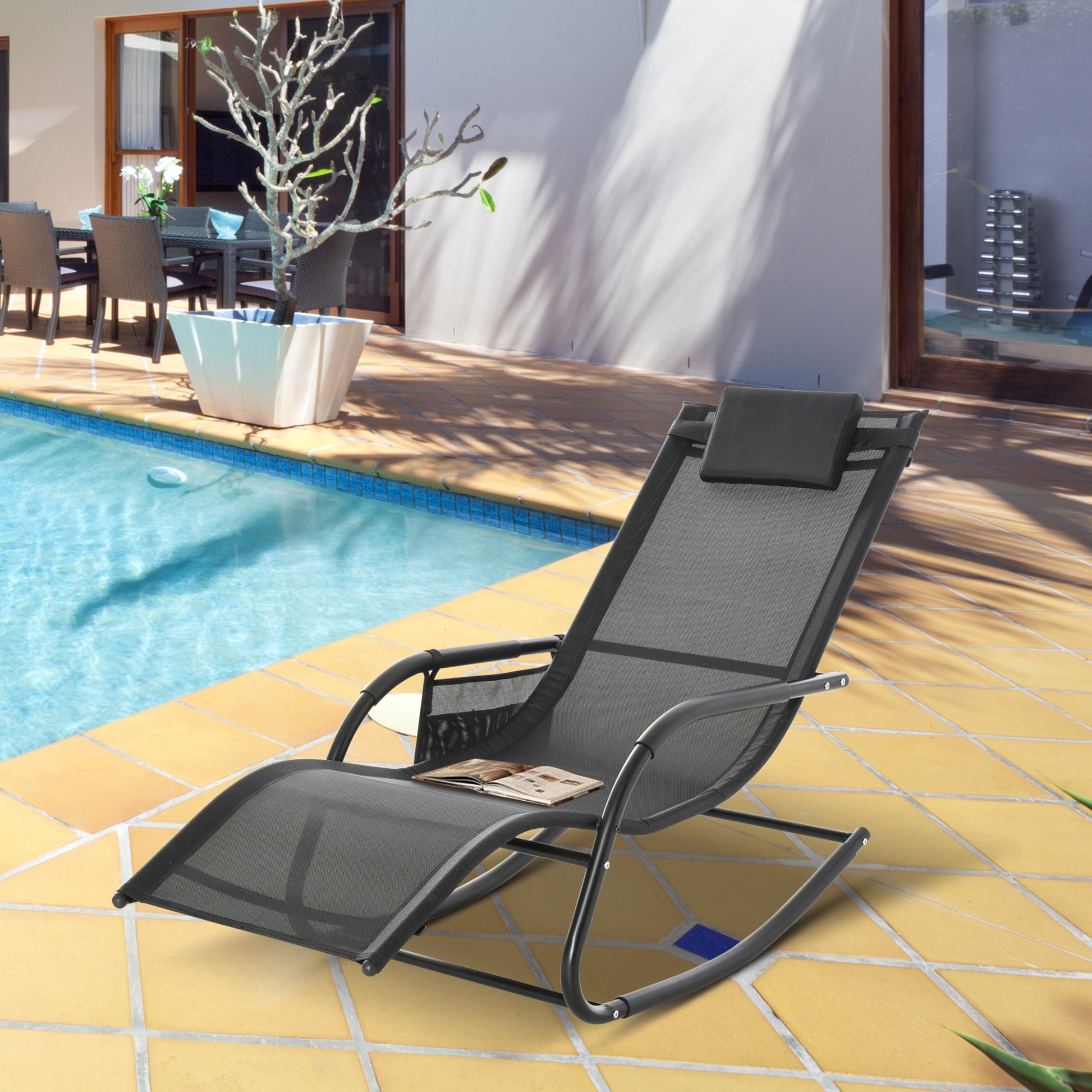 Patio Rocking Chair with Mesh Fabric, Outdoor Rocking Sling Sun Lounger with Removable Headrest and Side Pocket for Gard