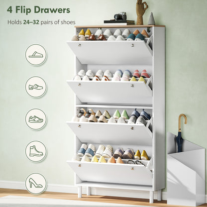 Narrow Shoe Cabinet with 4 Flip Drawers, Shoe Storage Cabinet with Adjustable Shelves, Holds 24–32 Pairs, White