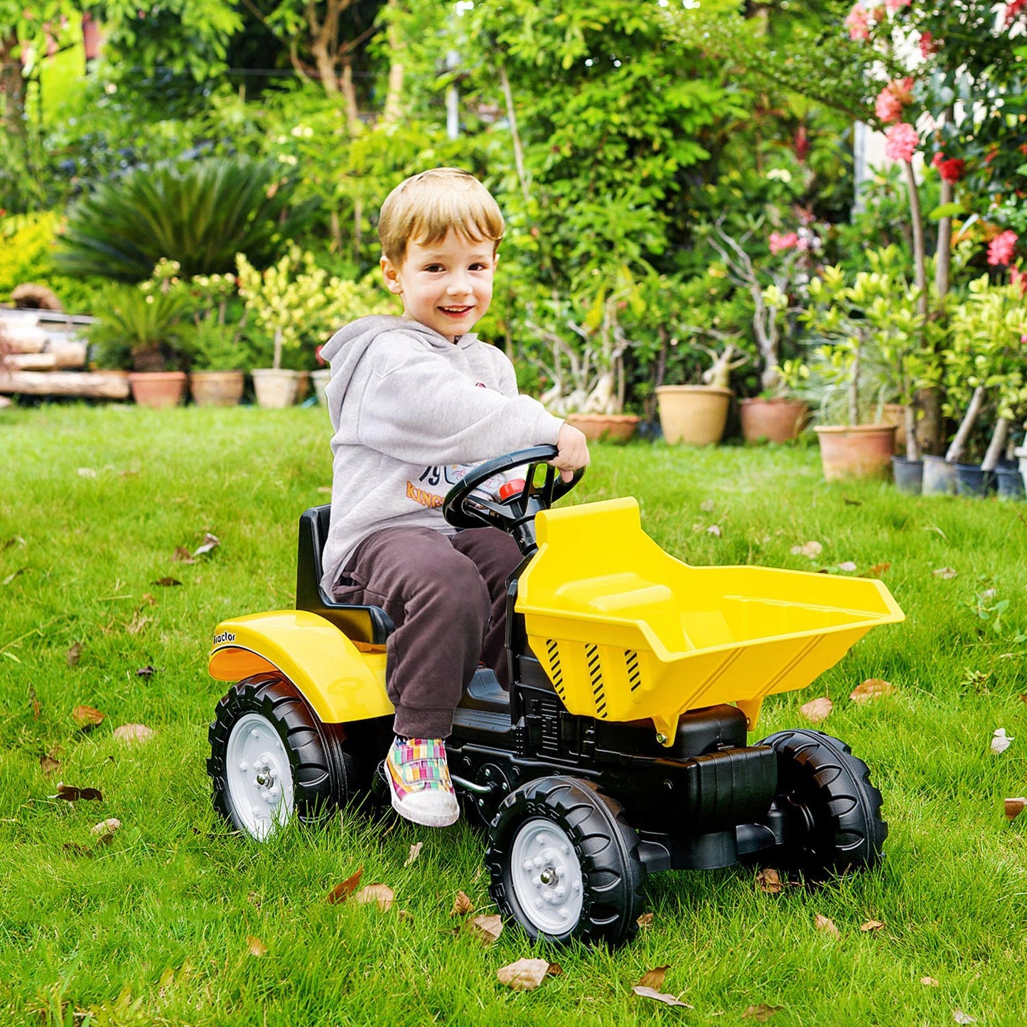 VarietyKart Ride on Tractor for Kids, Pedal Construction Car with Manual Control Bucket for 3 Years Old, Yellow
