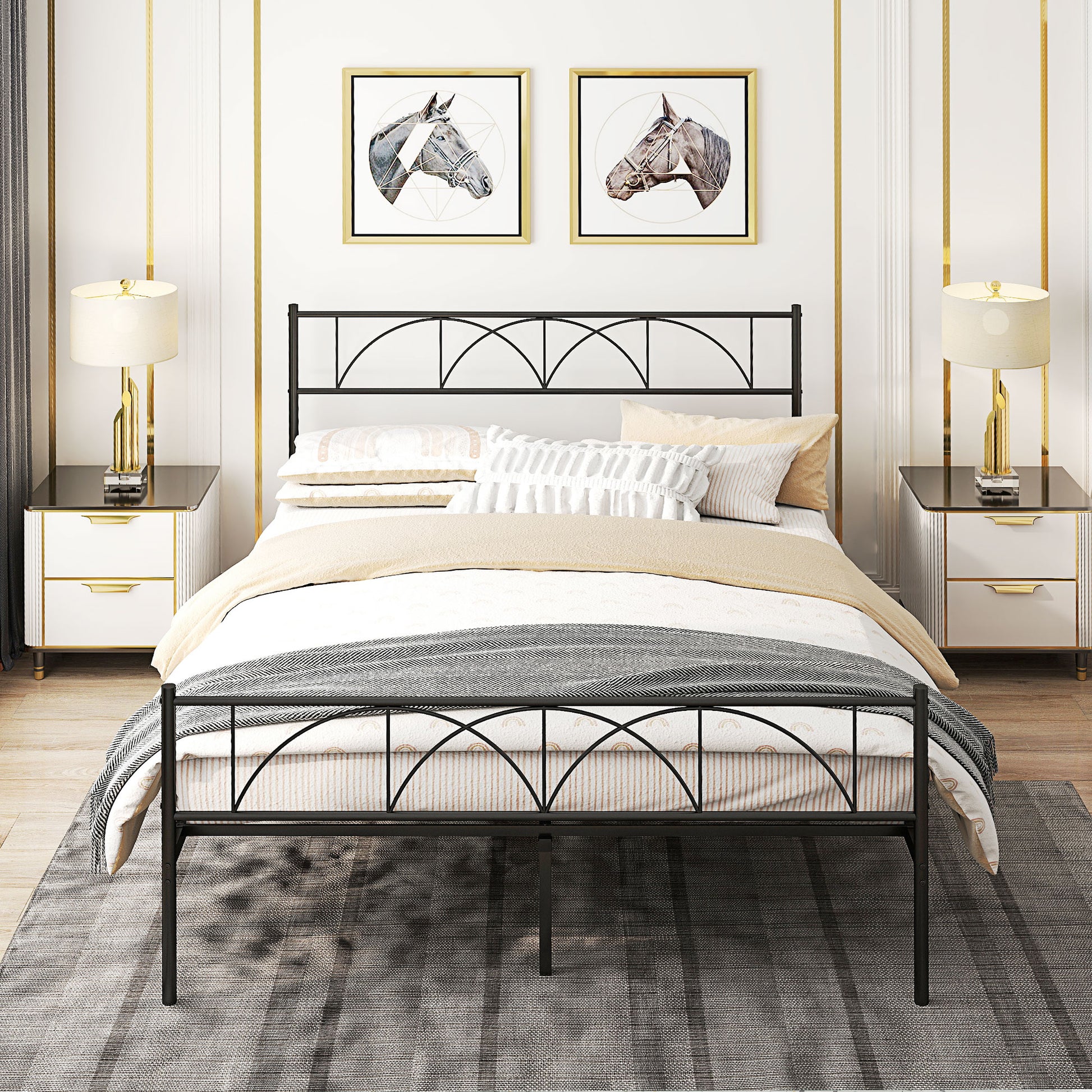 Metal Queen Platform Bed Frame with Headboard, Steel Slat Support, Underbed Storage, No Box Spring Needed, Easy Assembly
