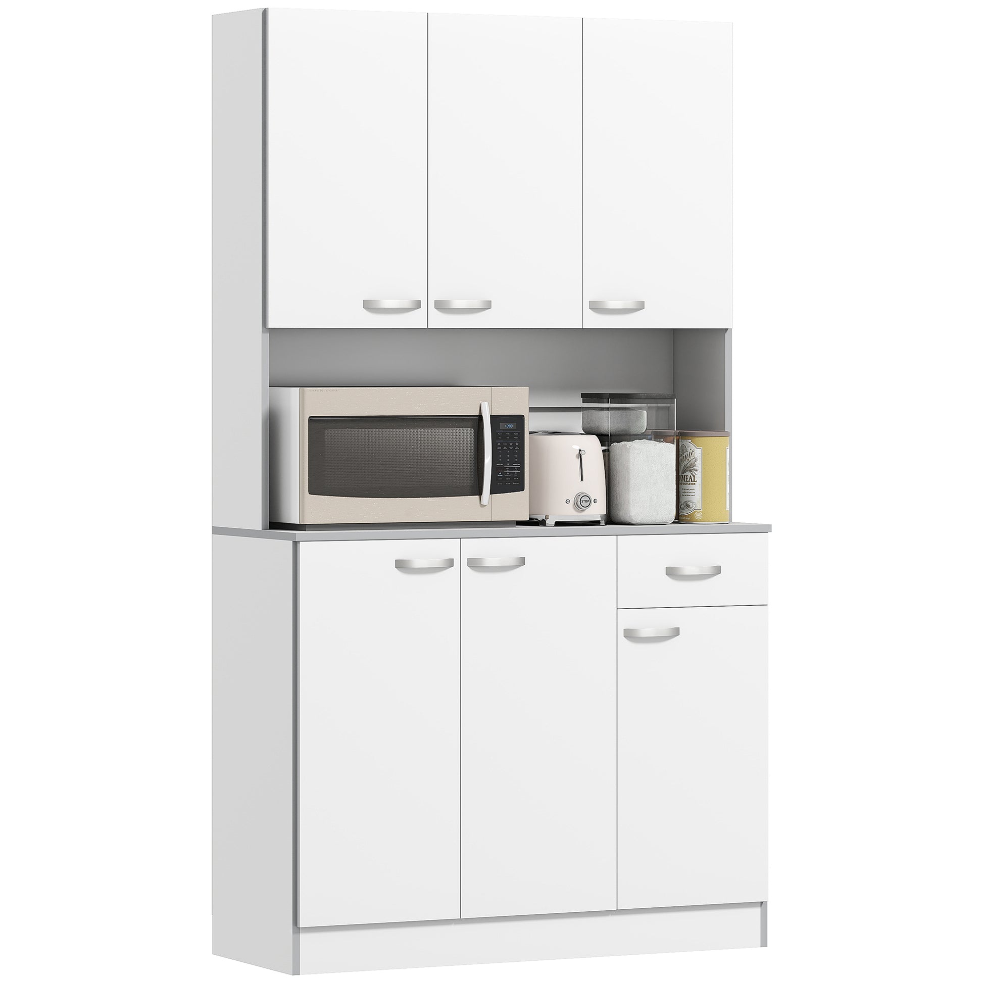 71" Modern Buffet with Hutch, Standing Kitchen Hutch with Storage Cabinets, Drawer, Open Space with Microwave Stand, Whi