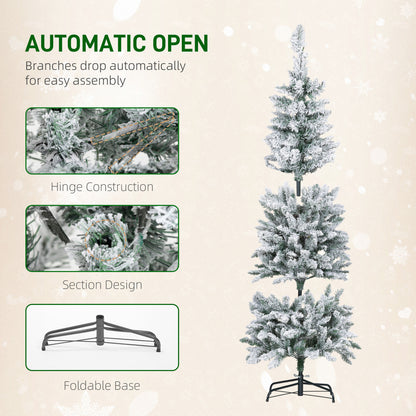 6ft Flocked Christmas Tree with Dual Colour LED Light, Pencil Hinged Xmas Tree with 11 Light Modes, Easy Assembly