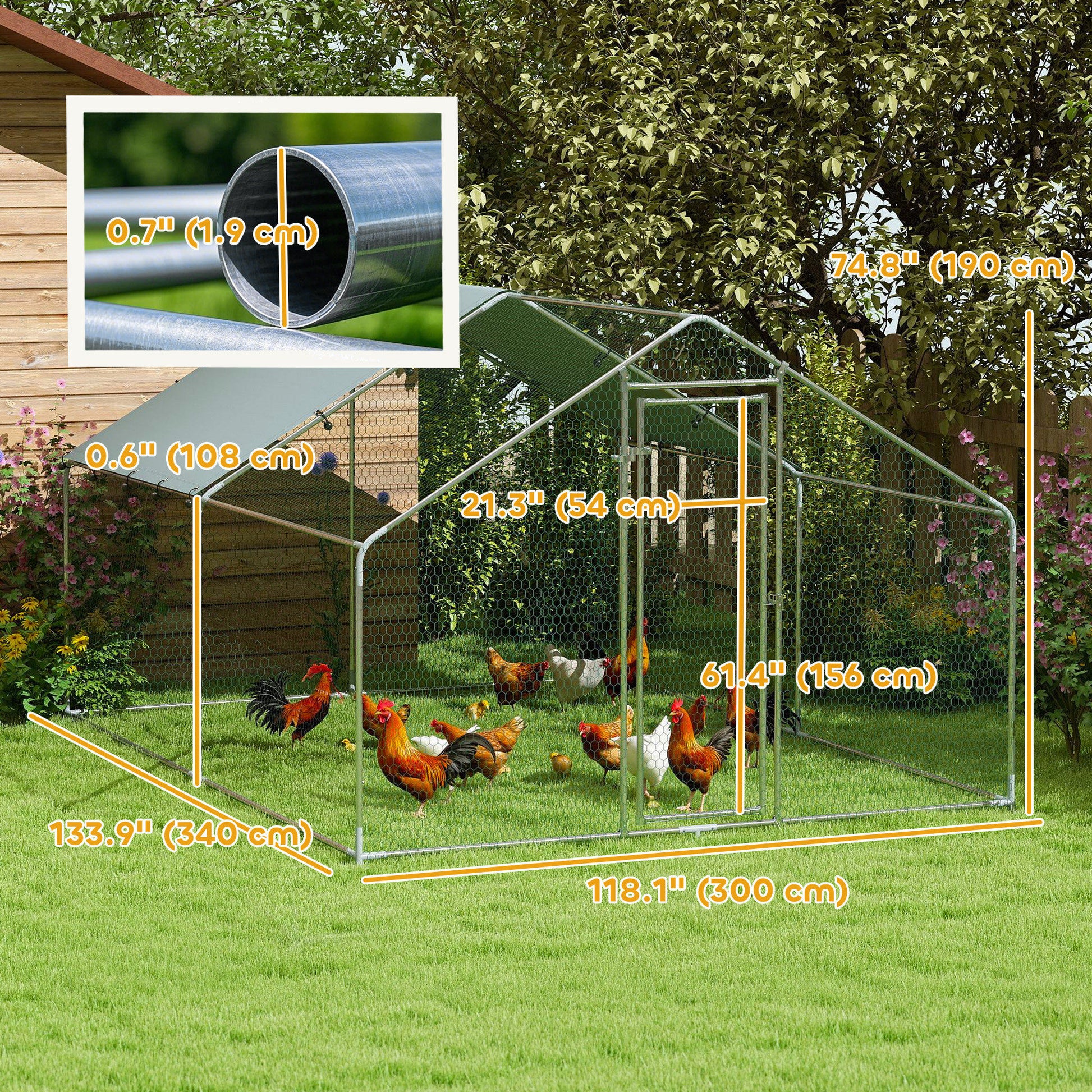 Metal Chicken Coop, 9.8 x 11.2 FT Walk-in Chicken Run with Cover, Lockable Door, Outdoor Poultry Cage for 10-15 Chickens