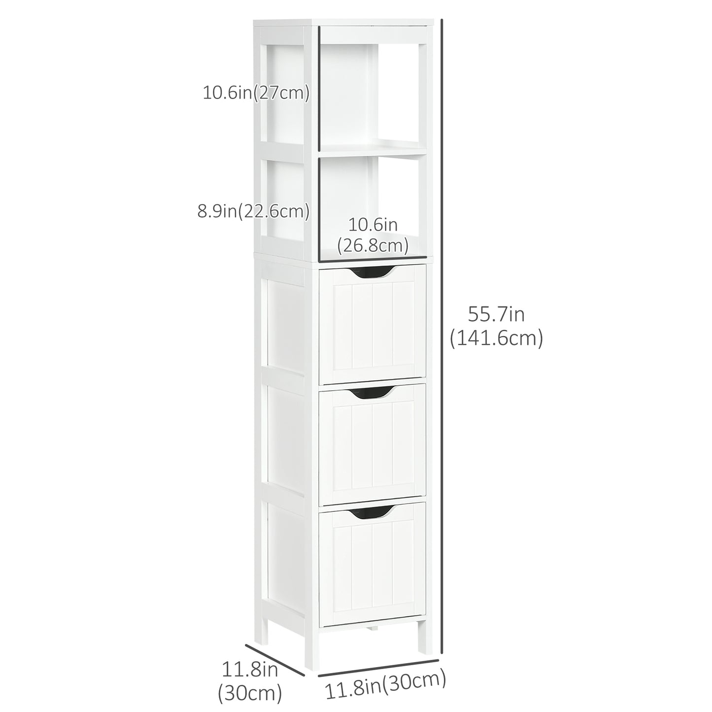 Narrow Bathroom Cabinet with 3 Drawers and 2 Tier Shelf, Tall Cupboard Freestanding Linen Tower, White