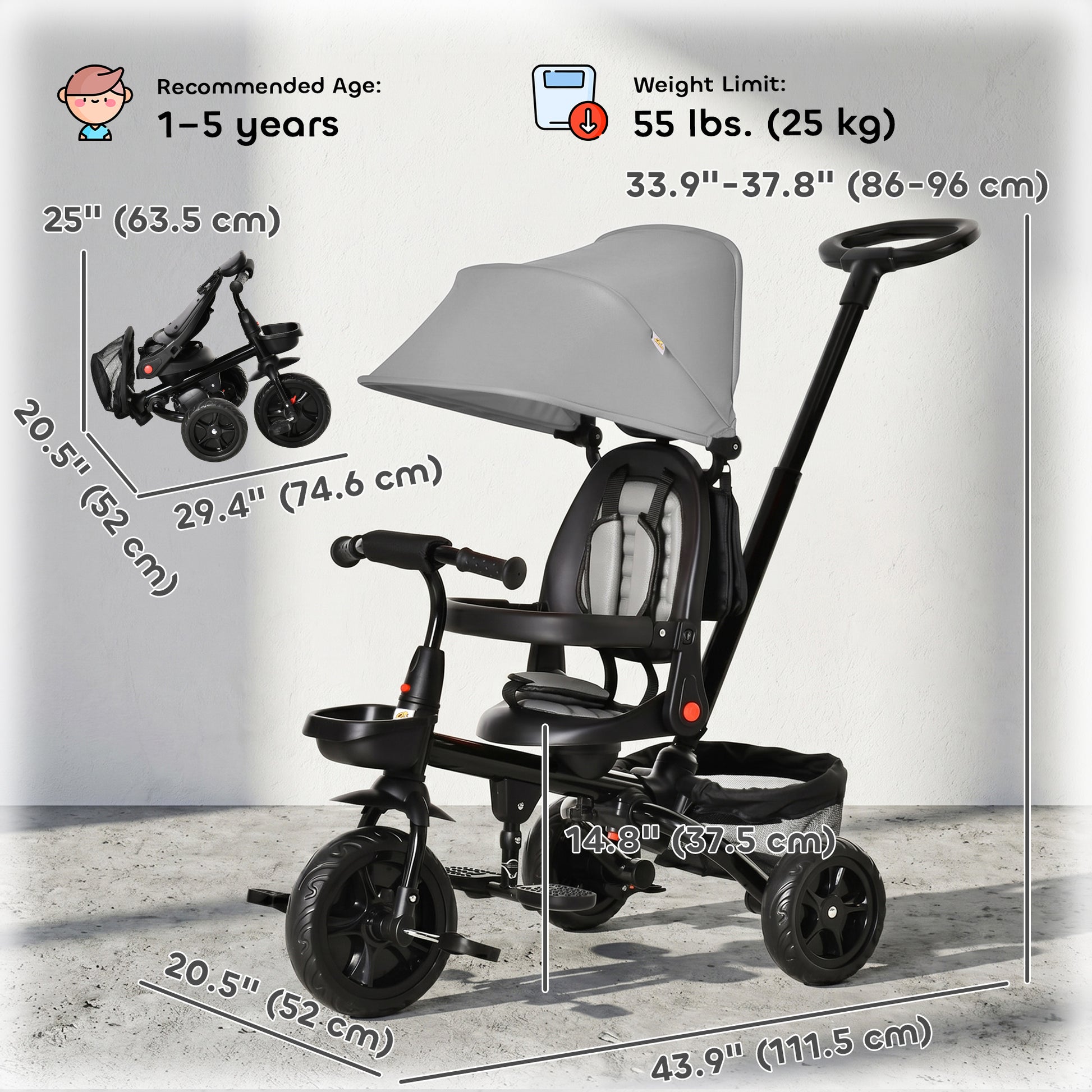 Qaba Tricycle for Toddler 5 in 1 Kids Trike, Foldable Converts Stroller to Toddler Bike, Adjustable Backrest & Curved Ca