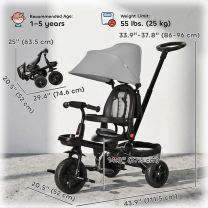 Qaba Tricycle for Toddler 5 in 1 Kids Trike, Foldable Converts Stroller to Toddler Bike, Adjustable Backrest & Curved Ca