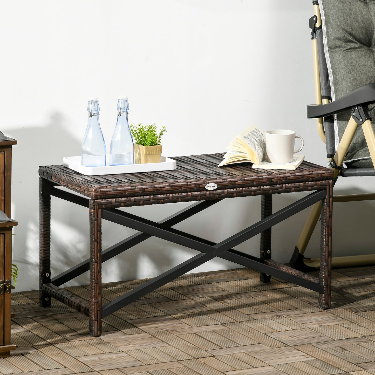 Patio Wicker End Table, Outdoor PE Rattan Side Table, with Plastic Board Under the Full Woven Table Top for Patio, Garde