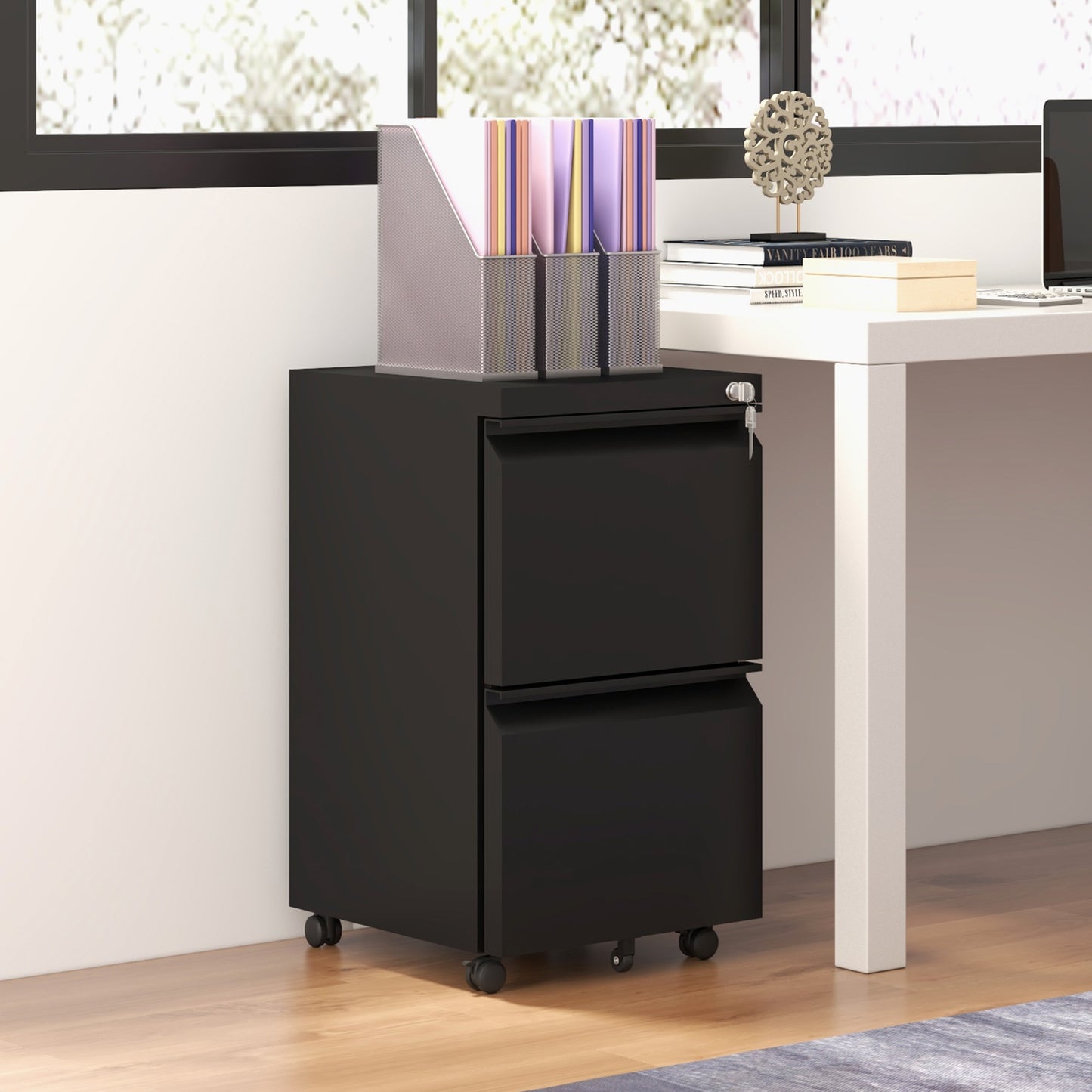 Mobile Vertical Filing Cabinet with Lock, 2-Drawer Steel File Cabinet with Adjustable Hanging Bar for Letter, A4 and Leg