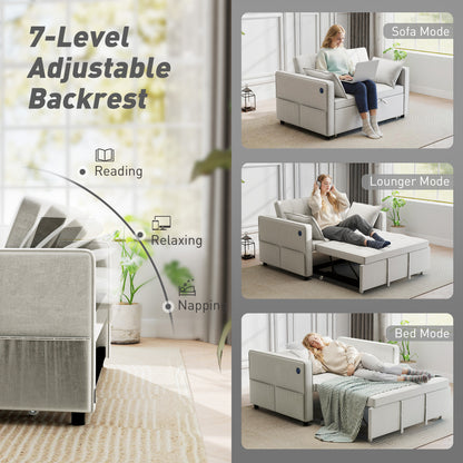 3‑in‑1 Convertible Sofa Bed, Pull Out Sleeper Sofa with USB Charging, Adjustable Backrest, Side Pockets, Beige