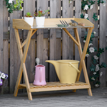 Garden Potting Bench Table, Wooden Work Station, Outdoor Planting Workbench w/ Galvanized Metal Tabletop and Storage She