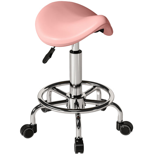 Saddle Stool, PU Leather Adjustable Rolling Salon Chair, Pink