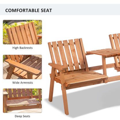 Garden Bench for 2 Persons with Middle Table and Umbrella Hole, 2-Seater Outdoor Wooden Bench with Slat Design, Orange