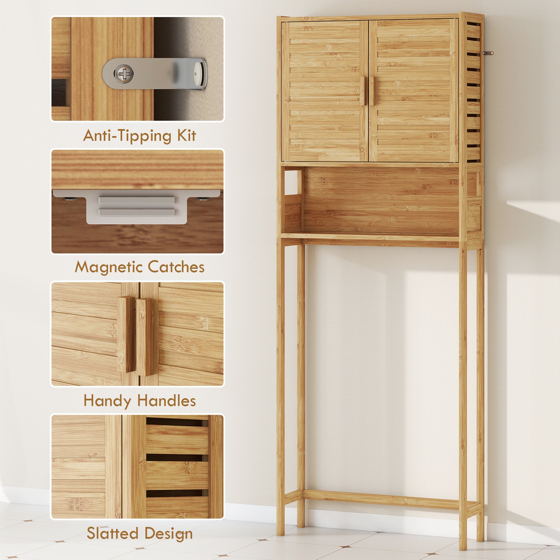 Over the Toilet Cabinet, Bathroom Organizer with 2 Doors, Open Compartment and Adjustable Shelf, Natural Wood Finish